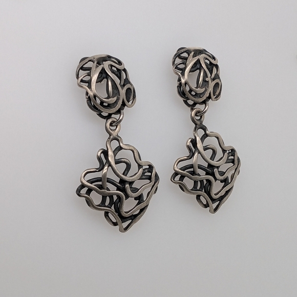 Two Tone Brushed Sterling Silver Dangle Earrings - Picture 2 of 6